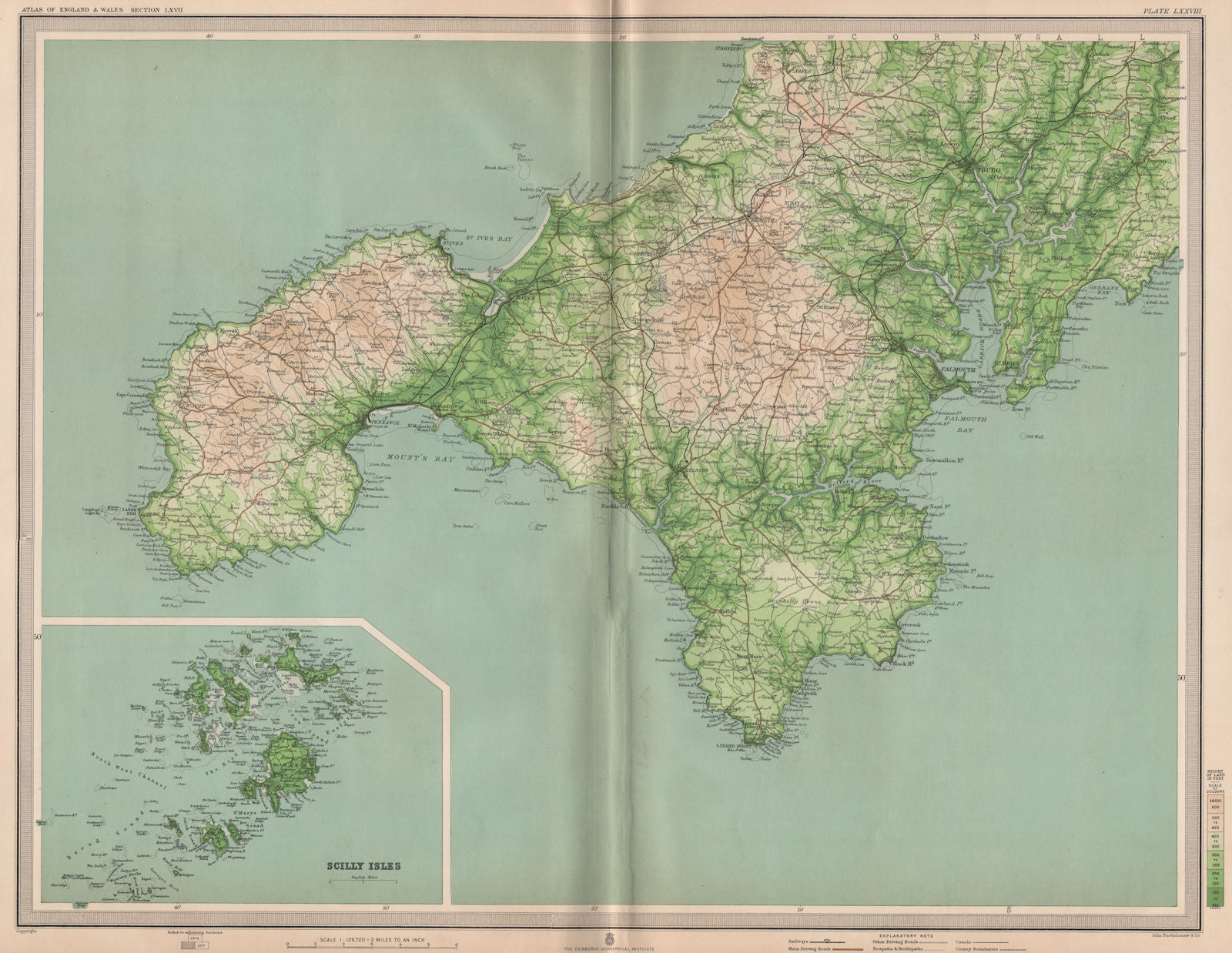 CORNWALL. Land's End Falmouth Scilly Isles Truro St Ives Redruth. LARGE 1903 map